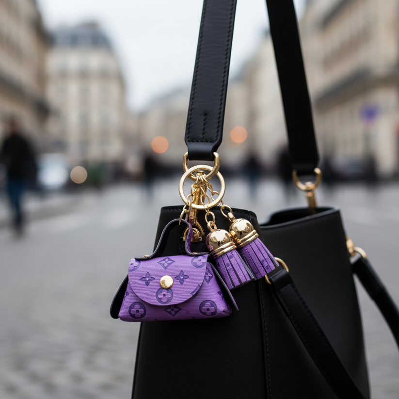 Purple mini structured handbag with gold-tone press stud and tassel charm and featuring embossed monogram detail— The Bon Bon by It Bag Australia
