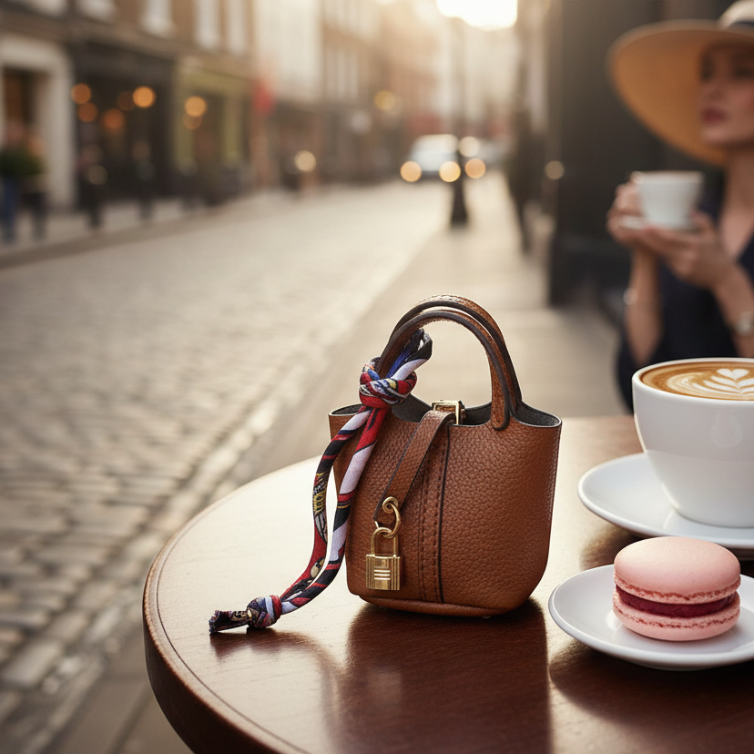 Brown pebbled vegan leather mini bucket bag with gold padlock charm — The Mayfair by It Bag Australia