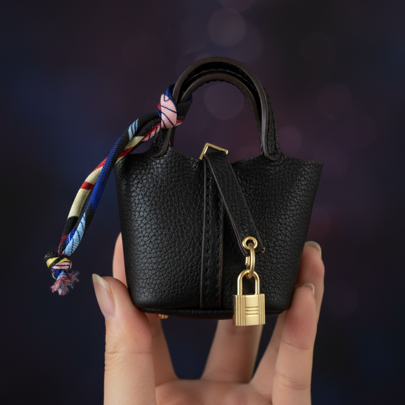 Black pebbled vegan leather mini bucket bag with gold hardware and silk scarf tie — The Mayfair by It Bag Australia