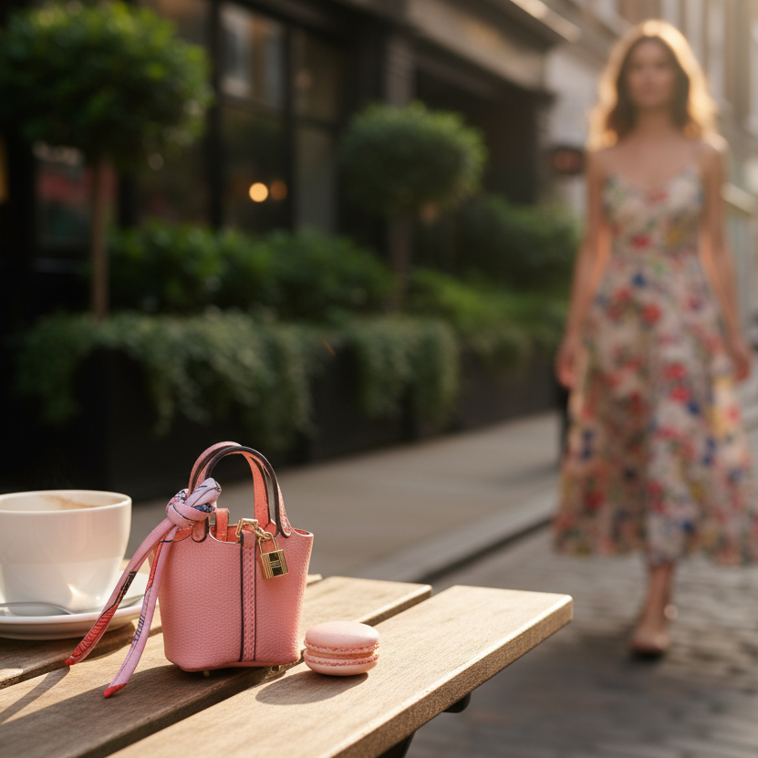 Pale pink pebbled vegan leather mini bucket bag with gold padlock charm and silk scarf tie — The Mayfair by It Bag Australia