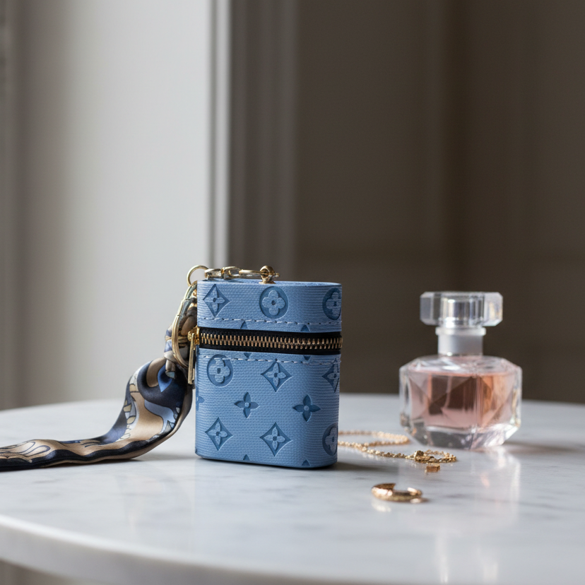 Cornflower blue mini barrel bag with monogram gold-tone zip and twilly scarf charm — Portofino by It Bag Australia"