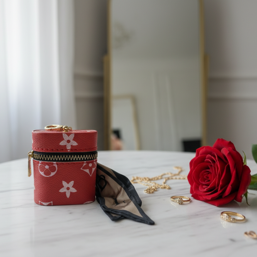 Red mini barrel bag with gold-tone zip closure and lobster clasp keyring — Portofino by It Bag Australia