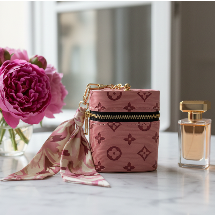 Deep pink mini barrel bag with monogram gold-tone zip and twilly scarf charm — Portofino by It Bag Australia"