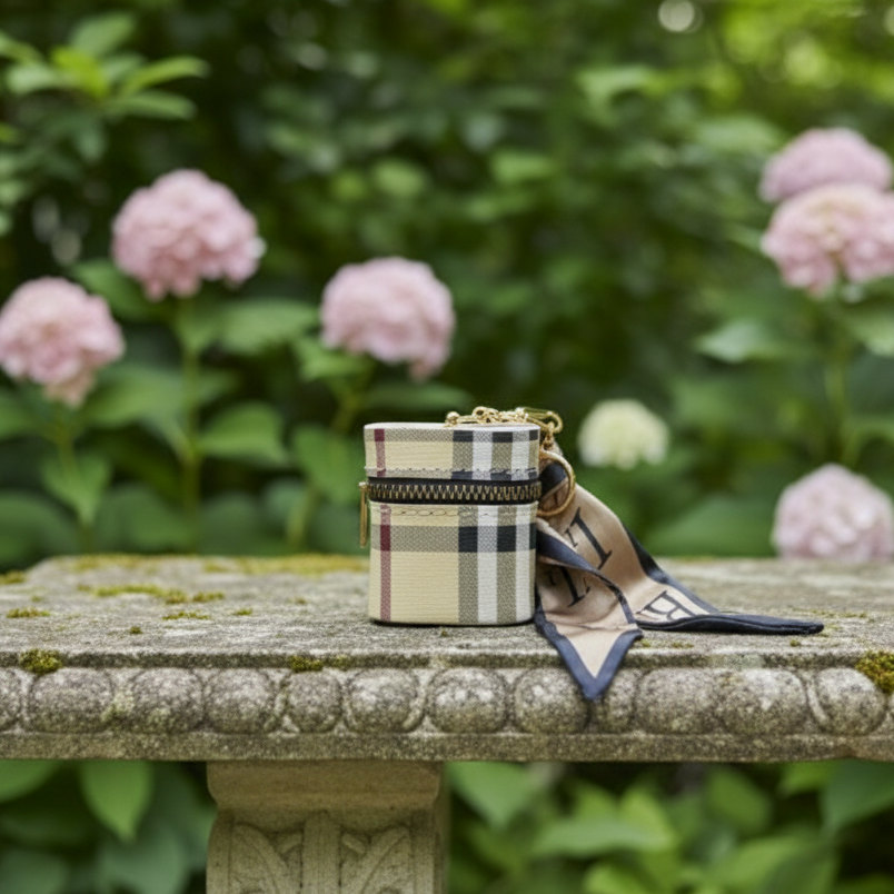 Plaid pattern mini barrel bag with gold-tone zip and twilly scarf charm — Portofino by It Bag Australia