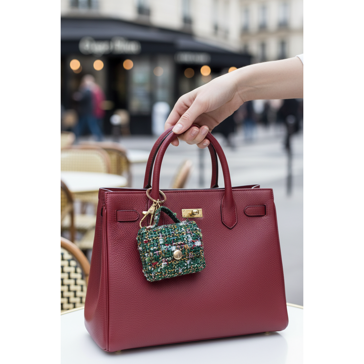 Green bouclé tweed keychain mini bag with gold hardware and lobster clasp — The Duchess by It Bag Australia