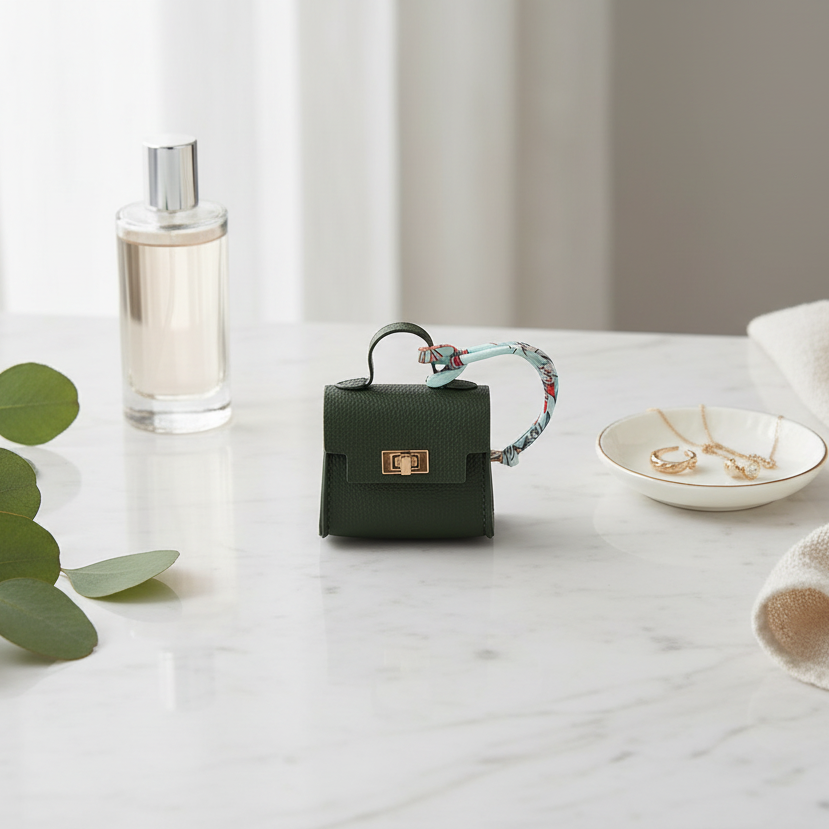 Olive coloured structured mini bag with gold twist-lock clasp — The Heirloom Mini Bag by It Bag Australia