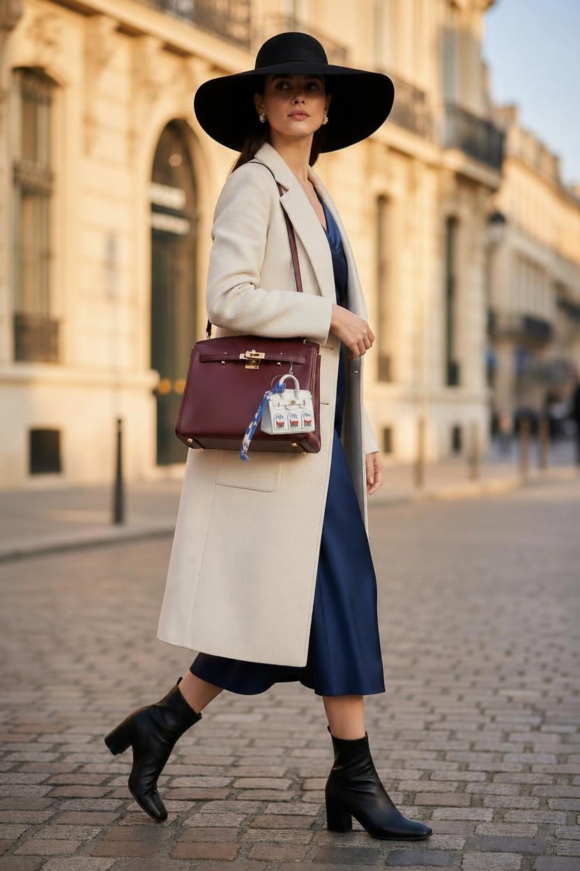 White La petite maison mini bag attached to a burgundy handbag on a European street