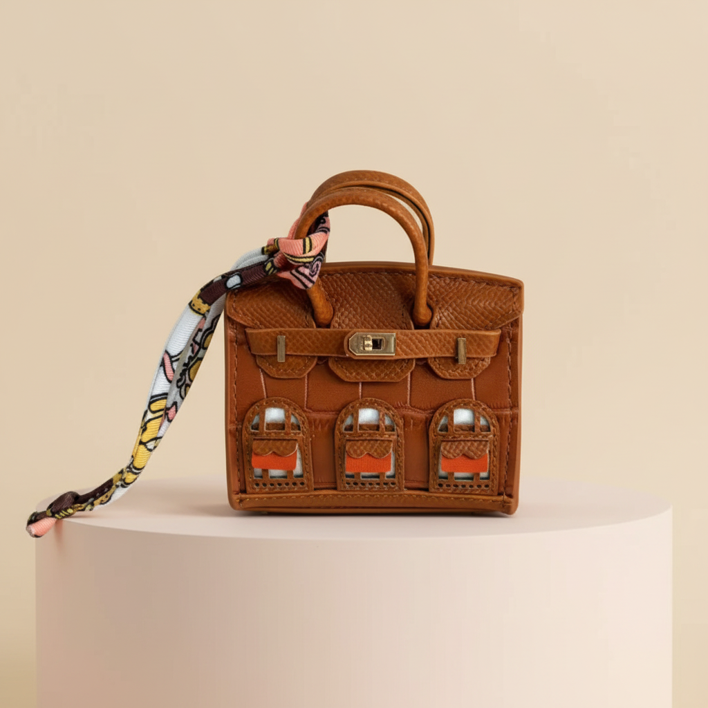 Brown La petite maison bag on a blush display plinth