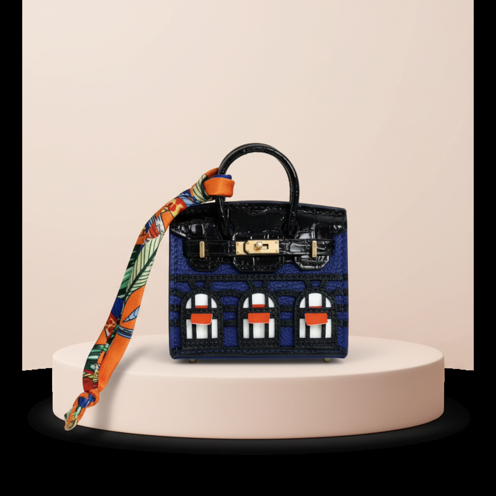 Dark blue La petite maison bag on a blush display plinth