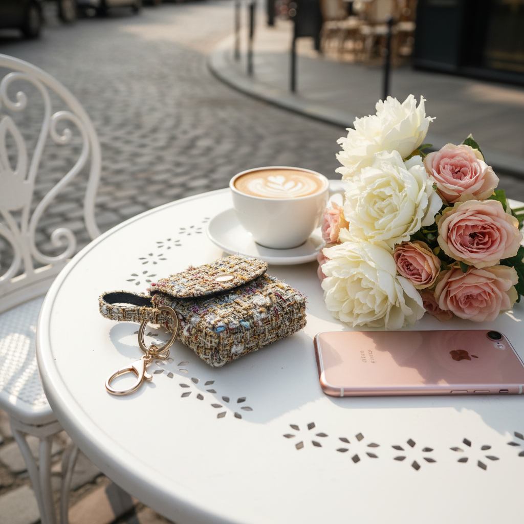 The Duchess gold tweed keychain mini bag Parisian cafe lifestyle