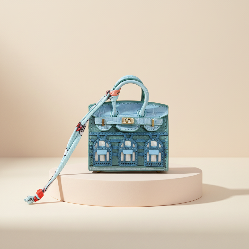 Light blue La petite maison bag on a blush display plinth