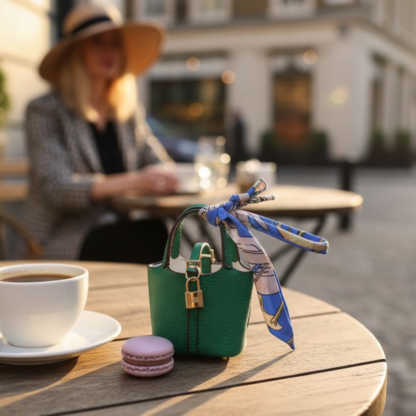Emerald Green pebbled vegan leather mini bucket bag with gold hardware and silk scarf tie — The Mayfair by It Bag Australia