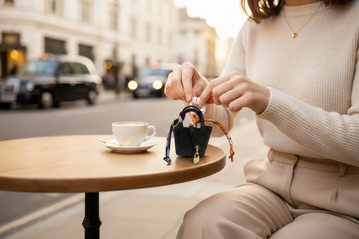Mayfair Mini Bucket Bag – London Café Earbuds Lifestyle