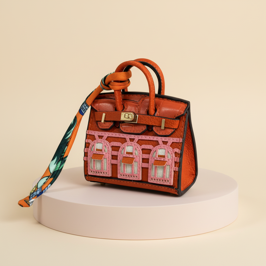 Orange La petite maison bag on a blush display plinth
