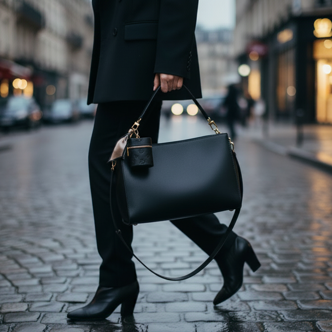 Black mini barrel bag with gold-tone zip closure and decorative scarf charm — Portofino by It Bag Australia
