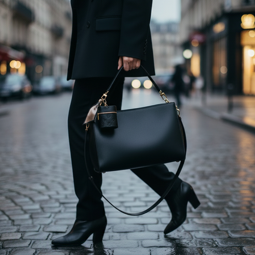Black mini barrel bag with gold-tone zip closure and decorative scarf charm — Portofino by It Bag Australia