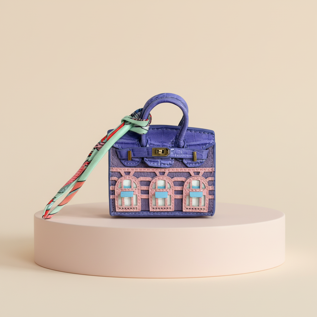 Purple La petite maison bag on a blush display plinth