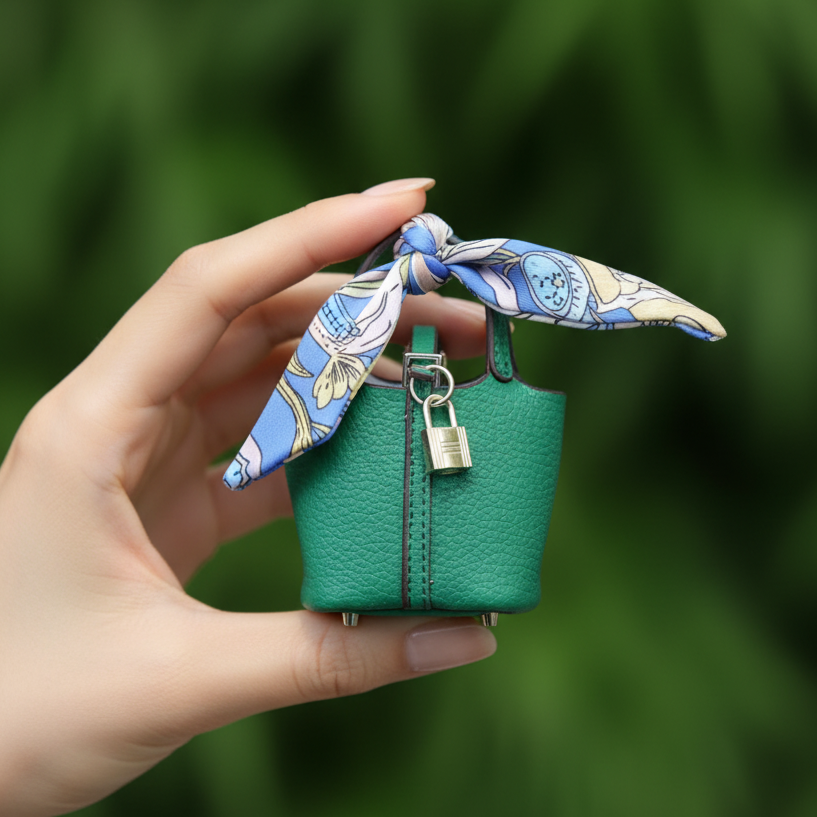 Grey pebbled vegan leather mini bucket bag with gold hardware and silk scarf tie — The Mayfair by It Bag Australia