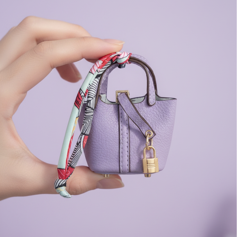 Purple pebbled vegan leather mini bucket bag with gold hardware and silk scarf tie — The Mayfair by It Bag Australia