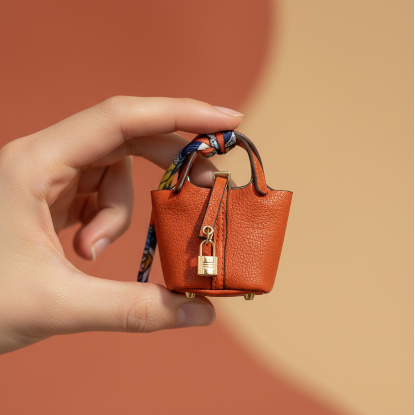 Orange pebbled vegan leather mini bucket bag with gold padlock charm — The Mayfair by It Bag Australia