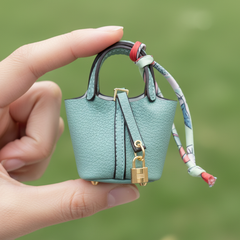 Grey pebbled vegan leather mini bucket bag with gold hardware and silk scarf tie — The Mayfair by It Bag Australia