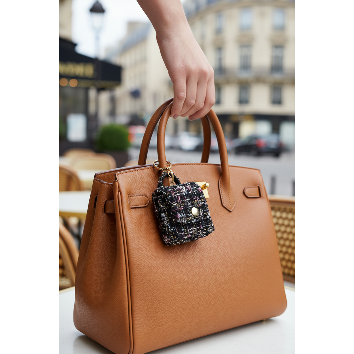 Black bouclé tweed keychain mini bag with metallic threading and gold snap clasp — The Duchess by It Bag Australia