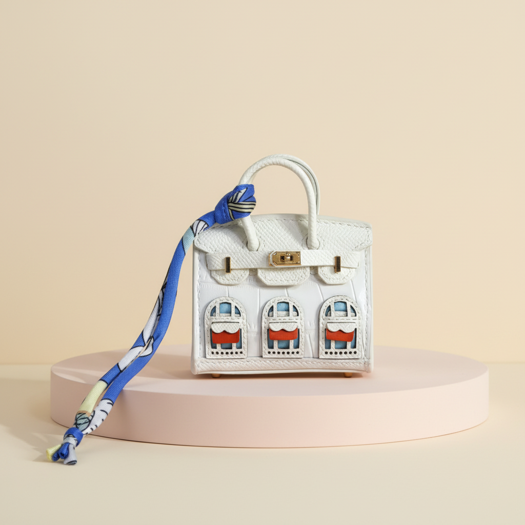 White La petite maison bag on a blush display plinth